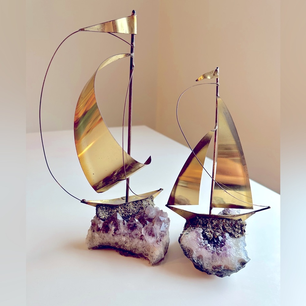 Pair of vintage 70s brass ships on amethyst + pyrite base